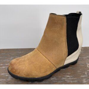 Sorel Joan Of Arctic Wedge Chelsea Boots Women Size 9.5 Camel Brown White